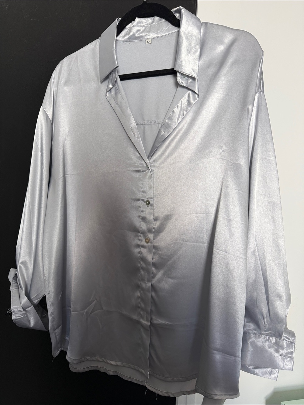 Silver Satin Button-Front Women's Blouse